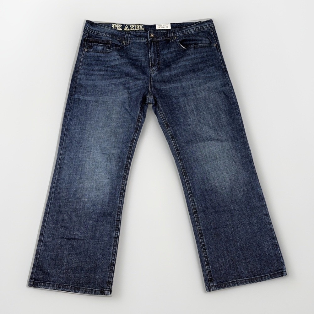 TK Axel Slim Boot Jeans Mens 40x30 Blue Dark Wash Stretch Denim Embroidered